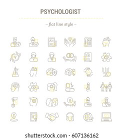 Vector graphic set.Icons in flat, contour,thin, minimal and linear design.Psychologist. Types of psychological support. Simple isolated icons.Concept illustration for Web site app.Sign,symbol,element.