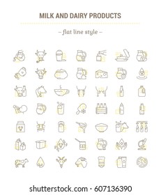 Vector graphic set.Icons in flat, contour,thin, minimal and linear design.Natural dairy production. Healthy nutrition..Simple isolated icons.Concept illustration for Web site app.Sign,symbol,element.