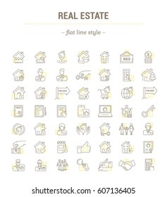 Vector graphic set.Icons in flat, contour,thin, minimal and linear design.Real estate.Simple isolated icons.Concept illustration for Web site app.Sign,symbol,element.