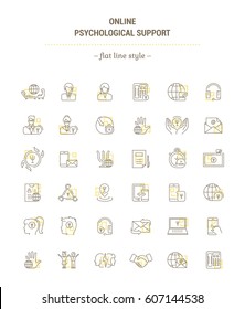 Vector graphic set.Icons in flat, contour,thin, minimal and linear design.Online psychological support. Simple isolated icons.Concept for Web site app.Sign,symbol,element.