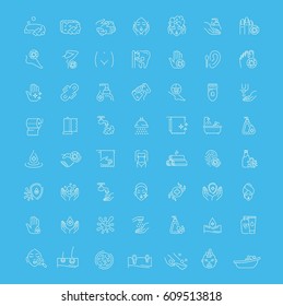 Vector graphic set.Icons in flat, contour,thin, minimal and linear design.Care of body.Hygiene products.Body wash, epilation, depilation, peeling.Simple isolated icons.Concept sign,symbol,element.