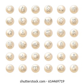 Vector graphic set.Icons in flat, contour,thin and linear design.Spa treatment.Alternative medicine.Simple isolated icon on white background.Concept illustration for Web site, app.Sign,symbol,element.