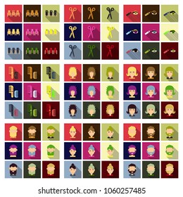 Vector graphic set.Isolated Icons in flat, contour, thin, minimal and linear design.Beauty saloon.Care of hair, face and body.