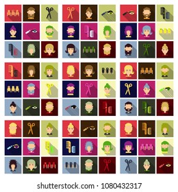 Vector graphic set.Isolated Icons in flat, contour, thin, minimal and linear design.Beauty saloon.Care of hair, face and body.
