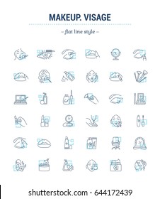 Vector graphic set.Isolated Icons in flat, contour, thin, minimal and linear design.Makeup silhouette.Stylist is a makeup artist.Applying makeup.Concept illustration for Web site.Sign,symbol, element.