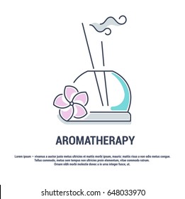 Vector graphic set.Isolated Icons in flat, contour, thin, minimal and linear design.Aroma therapy. Accessory for aromatherapy.Concept illustration for Web site.Sign,symbol, element.