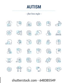 Vector graphic set.Isolated Icons in flat, contour, thin, minimal and linear design.Autism.Deviation in brain activity. Mental abnormality.Concept illustration for Web site.Sign,symbol, element.