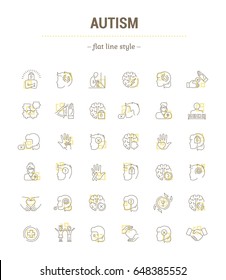 Vector graphic set.Isolated Icons in flat, contour, thin, minimal and linear design.Autism.Deviation in brain activity. Mental abnormality.Concept illustration for Web site.Sign,symbol, element.