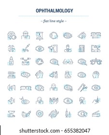 Vector graphic set.Isolated Icons in a flat, contour, thin, minimal and linear design.Ophthalmology.Glas diseases, treatment.Cataract, glaucoma.Concept illustration for Web site.Sign, symbol, element.