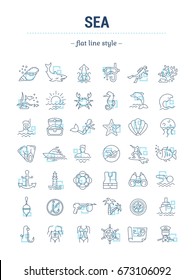 Vector graphic set.Isolated Icons in flat, contour, thin, minimal and linear desine.Sea and ocean.Flora and fauna of underwater world. Cruise.Concept illustration for Web site.Sign,symbol, element.