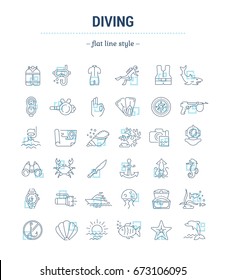 Vector graphic set.Isolated Icons in flat, contour, thin, minimal and linear design. Diving.Extreme swimming sports infographic.Diving equipment.Concept illustration for Web site.Sign,symbol, element.