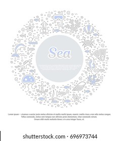 Vector graphic set.Isolated Icons in flat, contour, thin, minimal and linear desine.Sea and ocean.Flora and fauna of underwater world. Cruise.Concept illustration for Web site.Sign,symbol, element.