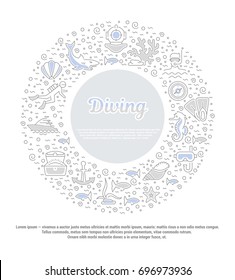 Vector graphic set.Isolated Icons in flat, contour, thin, minimal and linear desine.Diving.Extreme swimming sports infographic.Diving equipment.Concept illustration for Web site.Sign,symbol, element.