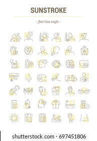 Vector graphic set.Isolated Icons in flat, contour, thin, minimal and linear design.Sunny stroke.Illness, symptom.Protection.Overheating on sunny day.Concept illustration.Web sign,symbol, element.