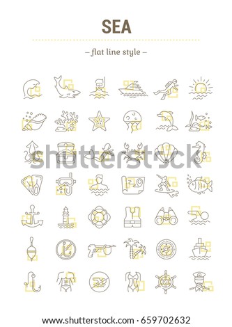 Vector graphic set.Isolated Icons in flat, contour, thin, minimal and linear desine.Sea and ocean.Flora and fauna of underwater world. Cruise.Concept illustration for Web site.Sign,symbol, element.