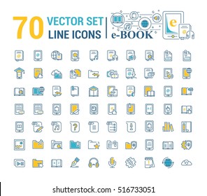 Vector graphic set.Logo, icon. E-book, pocket book. Linear, flat, contour, thin design. App, Template, infographic. Symbol, element, emblem, smart technologies. Modern gadget online library education.