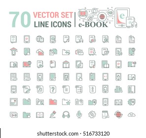 Vector graphic set.Logo, icon. E-book, pocket book. Linear, flat, contour, thin design. App, Template, infographic. Symbol, element, emblem, smart technologies. Modern gadget online library education.