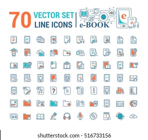 Vector graphic set.Logo, icon. E-book, pocket book. Linear, flat, contour, thin design. App, Template, infographic. Symbol, element, emblem, smart technologies. Modern gadget online library education.