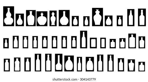 vector graphic of shadow of many kinds of bottles viz spirits  Chinese  liquor and soft drink/bottle white and black