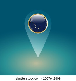 Image vectorielle du pointeur de la Carte brillante avec l'Alaska contry. Drapeau de l'Alaska. Mapper le pointeur avec le bouton de badge doré. Bonne conception pour votre publicité, poster, bannière, gps, boussole, etc.
