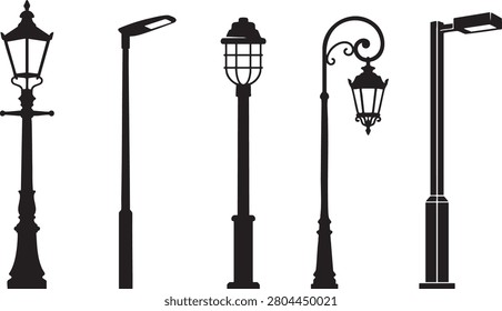 A vector graphic showcasing five distinct street lamp designs in black silhouette against a white backdrop. Styles range from ornate vintage to modern LED, ideal for urban planning or design.