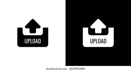 Vector graphic showcasing an upload icon, displaying an arrow, presented in black on white and white on black, split evenly for contrast and visual clarity.