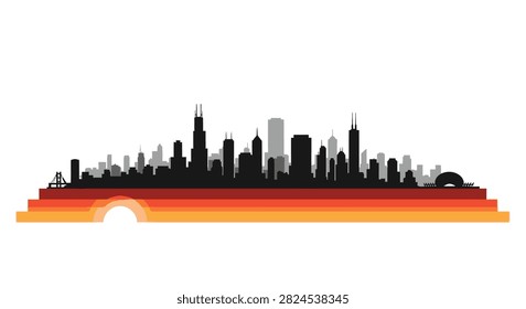 A vector graphic showing the Chicago city skyline in black silhouette against a backdrop of horizontal sunset colored stripes.