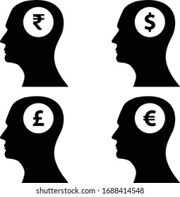 Eine Vektorillustration-Grafik, die verschiedene Währungssymbole wie Rupe, Dollar, Pfund und Euro in einem menschlichen Gehirn zeigt, das eine Geldgedenken symbolisiert