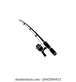 Vector graphic showing a fishing rod with a reel and fishing line. Angling equipment isolated on a white background in black and white style.