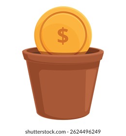 Vector graphic showing a golden coin with a dollar sign in a brown flower pot