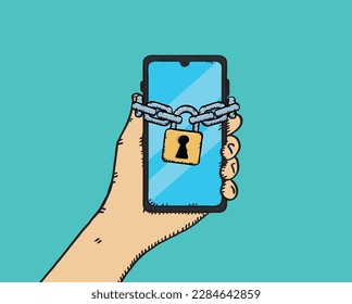 Vector graphic showing a hand holding a phone which is locked with a chain and padlock. Hand drawn illustration.