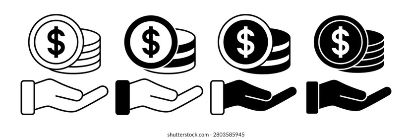 Vector graphic showing hands holding coins featuring dollar signs in various styles.