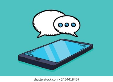 Vector graphic showing a lying phone and an icon of a message or chat app. Hand-drawn illustration in cartoon style.