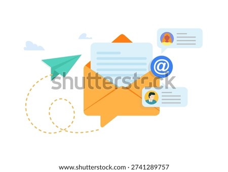 Vector graphic showing an open envelope with message icons and paper plane for digital marketing and contact concepts. Stock Illustration.