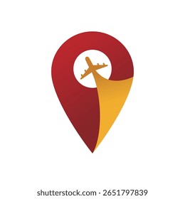 Vector graphic showing a red and yellow location pin with an airplane icon, symbolizing travel, tourism, or aviation. Perfect for use in travel agency logos, aviation designs, or location.