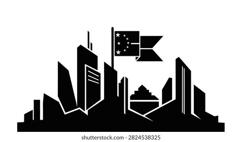 A vector graphic showing a stylized urban cityscape with tall skyscrapers and the flag of China waving above the buildings.