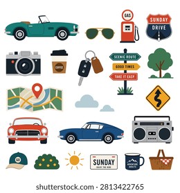 Vector graphic showing Sunday drive theme with cars and automotive accessories