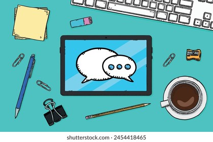 A vector graphic showing a tablet lying on a desk with a chat app displayed on the screen. Lying around the tablet are a paperclip, an eraser, a pen, a keyboard and a cup of coffee. Hand drawn.