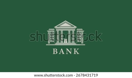 A vector graphic shows a bank icon designed with Greek or Roman architectural elements. The symmetrical facade and bold text create a trustworthy and formal impression.