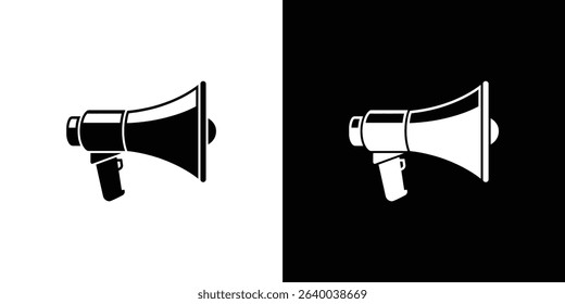 A vector graphic shows a black megaphone on the left side against a white background and a white megaphone mirrored on the right against a black background.