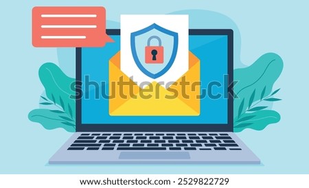 Vector graphic shows a laptop displaying an open email with a shield and padlock symbol, representing secure communication. A speech bubble appears next to it, while leaves decorate the background.