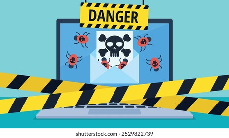 Vector graphic shows a laptop with a screen displaying an email containing a skull and crossbones. Red bugs surround the screen, with caution tape and a "Danger" sign, symbolizing a malware threat.