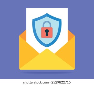Vector graphic shows an open yellow envelope with a document inside that displays a shield with a padlock, symbolizing secure communication or data protection. The background is a solid purple color