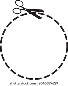 O gráfico vetorial mostra uma tesoura posicionada para corte ao longo de uma linha de círculo pontilhada. Essa imagem seria útil para representações visuais de corte ou aparagem