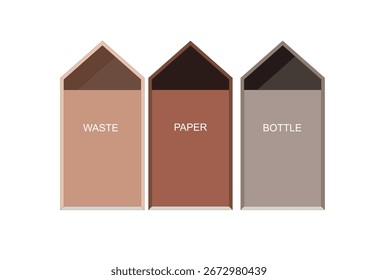 
A vector graphic shows three stylized recycling bins side-by-side, each shaped like a house.