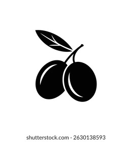 Vector graphic shows two black olives connected by a small stem, with a single leaf extending from the stem. Best for food-related minimalist designs.