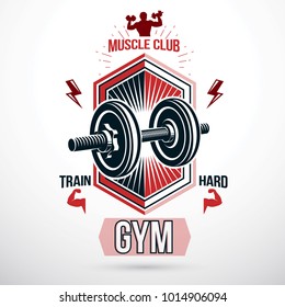 Vector graphic sign composed using weight disc dumbbell and muscular bodybuilder body silhouette. Weightlifting club conceptual emblem