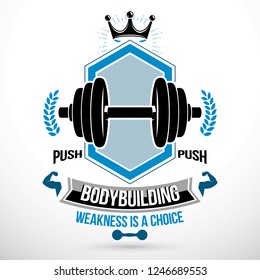 Vector graphic sign composed using weight disc dumbbell and muscular arms of bodybuilder. Fitness workout and weightlifting gymnasium conceptual emblem