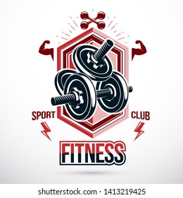 Vector graphic sign composed using weight disc dumbbell and muscular arms of bodybuilder. Strong man championship emblem