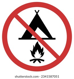 Gráfico vectorial del cartel que indica que está prohibido acampar e iluminar un incendio